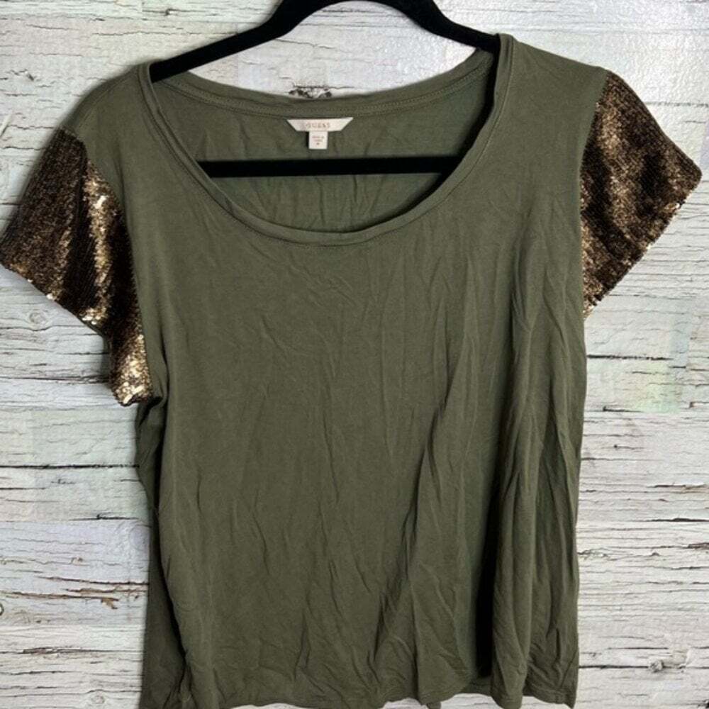 Guess green and gold sequin tee shirt top size medium